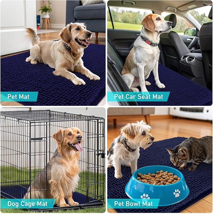 OLANLY Dog Door Mat Set 2-Piece 30x20, Absorbs Moisture and Dirt, Absorbent Non-Slip Washable Doormat, Quick Dry Chenille Mud Mat for Dogs, Entry Indoor Entryway Carpet for Inside Floor, Navy Blue