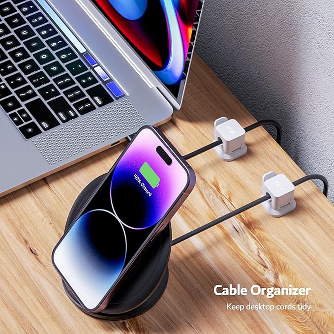 PZOZ 6 Pack Cable Organizer Clips, Adhesive Cord Holder for Desk, Secure Cable Management Clips for USB-C, Lightning & Charging Cables, Wire Organizer for Home Office Car (White)