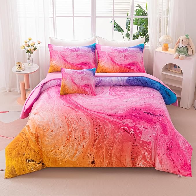 4Pcs Tie Dye Full Size Comforter Set for Girls Kids, Colorful Girls Bedding Set Full, Soft Kids Bed in A Bag (1 Comforter, 1 Flat Sheet, 2 Pillowcases)