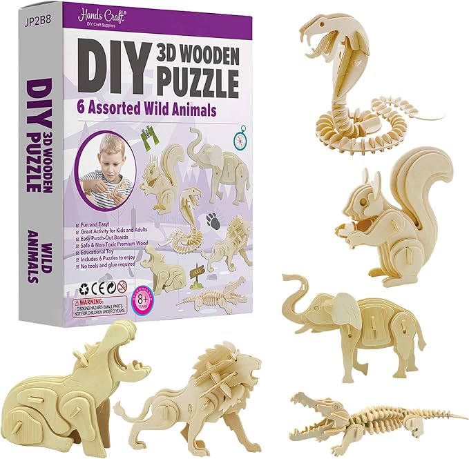 Hands Craft DIY 3D Wooden Puzzle – 6 Assorted Wild Animals Bundle Pack Set Brain Teaser Puzzles Educational STEM Toy Adults and Kids to Build Safe and Non-Toxic Easy Punch Out Premium Wood JP2B8