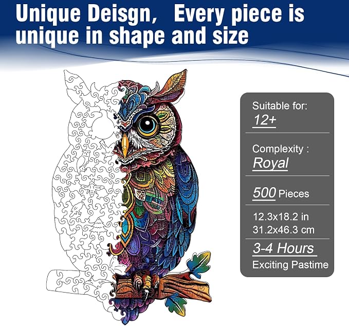 Wooden Jigsaw Puzzles for Adults, Unique Shaped Animal Wood Puzzles Adult, Owl Wooden Puzzles for Adults, Fun Challenging Family Games, 500pcs 18.2"×12.3"