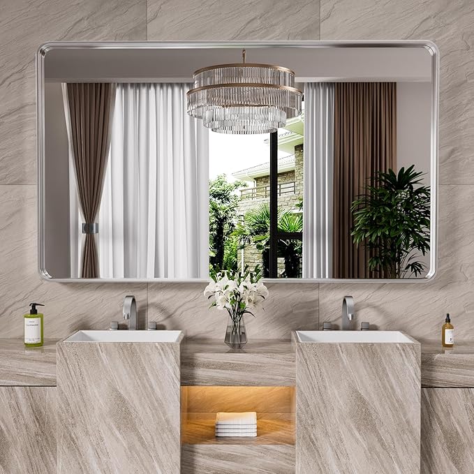 Brushed Nickel Bathroom Mirror 72x36 Inch, Brushed Silver Metal Frame Mirror Wall Mounted, Rounded Rectangle Bathroom Vanity Mirror, Tempered Glass, Anti-Rust, Horizontal/Vertical
