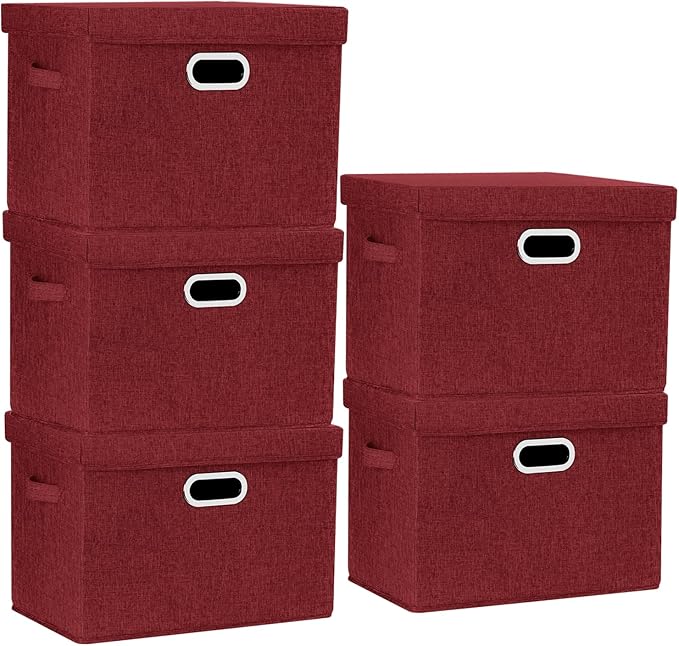 TYEERS Large Collapsible Storage Bins with Lids, Organization Bins for Closet Storage, Clothes Storage, Folding Storage Box with Lids for Home Office Storage - 5 Pack - Red Wine