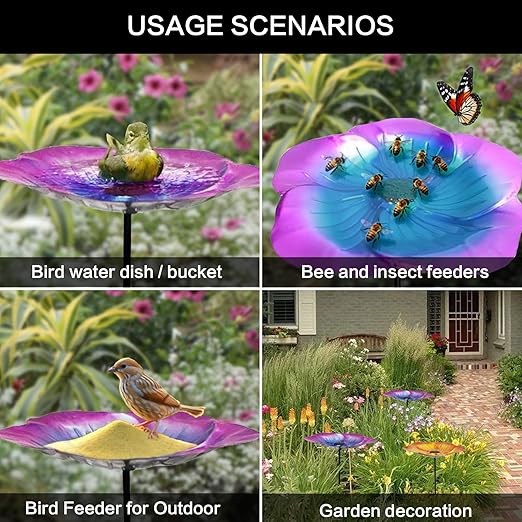 Bee Watering Station, Butterfly Cups for Garden Metal Bee Water Feeder with Flower Design, Colorful Bird Bath Bowl for Outdoor Garden Yard Decor, Decorative Glass Flower Design (Yellow+Purple)