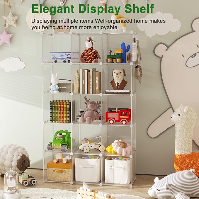 C&AHOME Cube Storage Organizer, 16-Cube Shelves Units, Plastic Storage Cubes, DIY Closet Organizer, Modular Closet Storage Shelf Ideal for Home, 48.4" L × 12.4" W × 48.4" H Transparent Twill UPCS16T