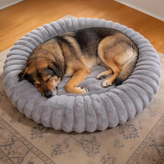 Donut Dog and Cat Bed, Luxurious Comfortable Faux Rabbit Fur Pet Beds, Round Anti-Anxiety Calming Puppy Kitten Bed with Anti-Slip Bottom for Small Medium Dogs & Cats(28", Grey)