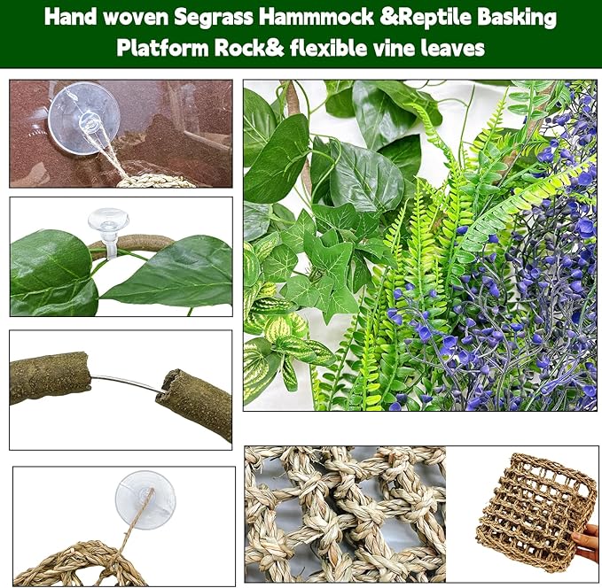 8PCS Bearded Dragon Hammock Reptile Basking Platform Rock Reptile Artificial Plants Leaves & Vines Lizard Habitat Decor Terrarium Tank Accessories for Hiding & Climbing Snake Gecko Bird Chameleon