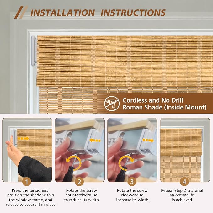 Letau No Drill No Tools Cordless Wood Window Shades Blinds, Bamboo Light