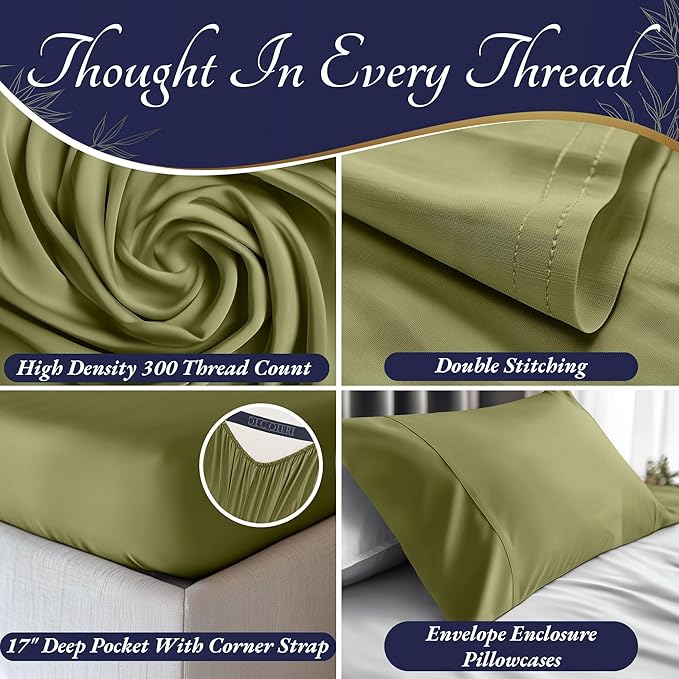DECOLURE 100% Viscose Derived from Bamboo Sheets Queen Size 4pcs - Ultra Soft & Luxuriously Cooling, 17" Deep Pocket, Double Stitching,Perfect for Hot Sleepers - Queen Bed Sheets (Light Olive)