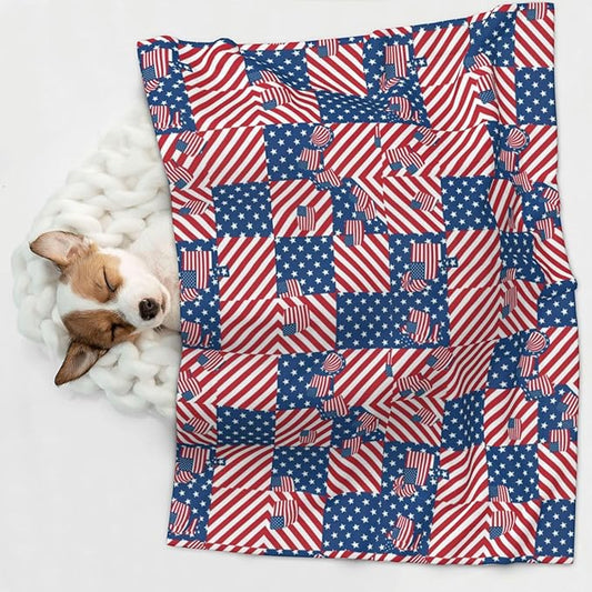 Pet Blanket for Indoor Outdoor Use, American Flag Plaid Pattern, Two Sided Reversible Plush Mat with Bumpy Dot Texture for Patios Crates Portable Bed Companion
