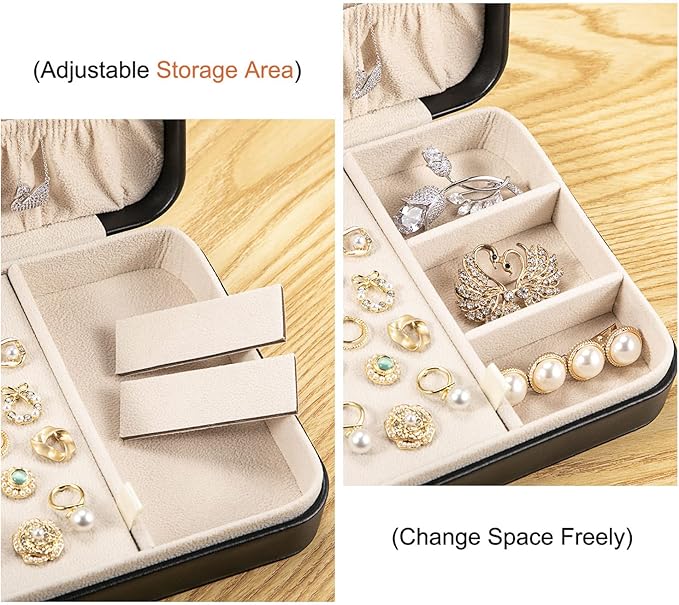 LANDICI Small Jewelry Box for Women Girls, PU Leather Travel Jewelry Case, Portable Jewelry Organizer Storage Holder Display for Ring Earrings Necklace Bracelet Bangle Men Kids Gift, Black
