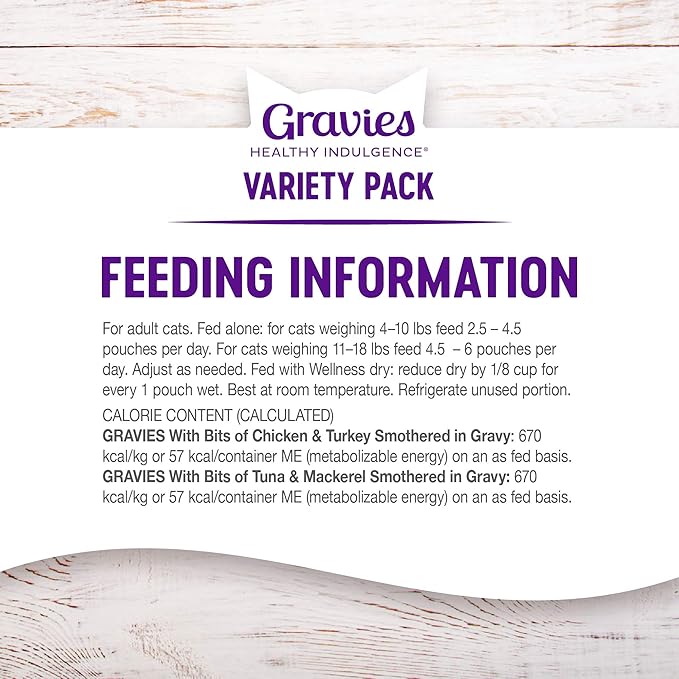 Wellness Healthy Indulgence Gravy Adult Wet Cat Food, Natural, Protein-Rich, Grain Free, 3 Ounce Pouch, 8 Pack, (Gravy Variety Pack)