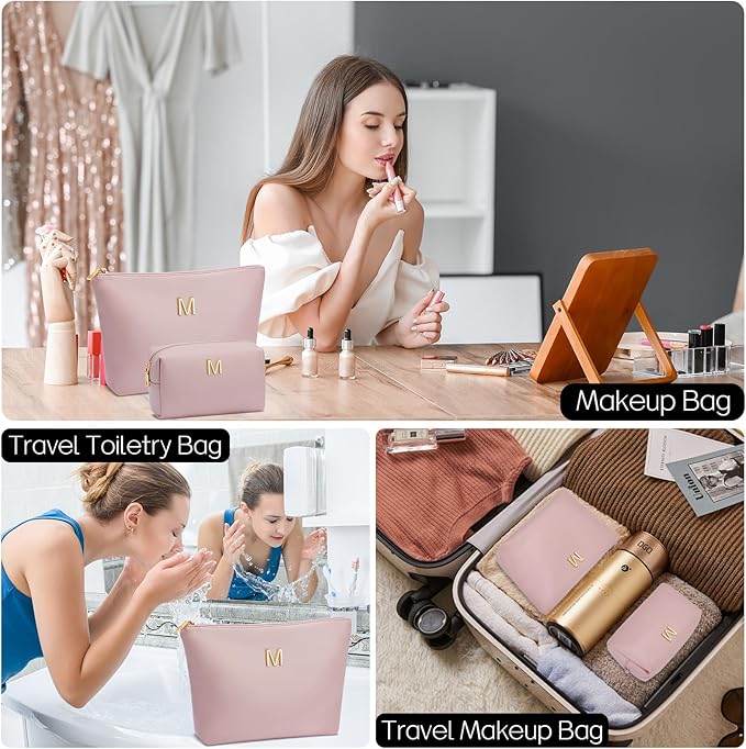 Valentine's Day Gifts for Women Girlfriend Initial Makeup Bag for Teen Girls Personalized Gifts for Friend Teacher Mom Wife Cosmetic Travel Toiletry Bag(Pink,M)