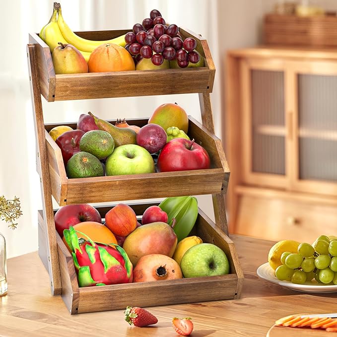 G.a HOMEFAVOR Fruit Basket: 3-Tier Acacia Wood Fruit Bowl for Kitchen, Fruit Stand Storage Holder for Vegetables and Snack Home Kitchen Countertop Organizer (Self-assembly)