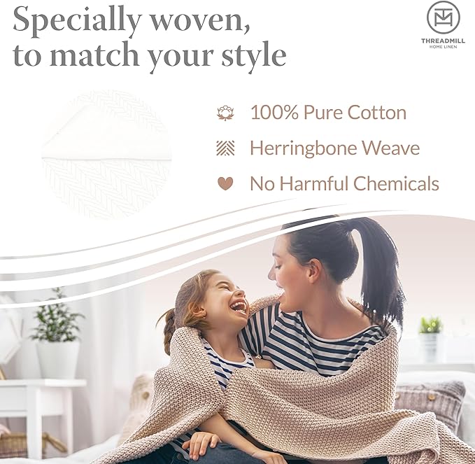 Threadmill Luxury Cotton Blankets for Twin Size Bed | All-Season 100% Cotton Twin Blanket for Bed | Herringbone Soft & Cozy Fall Thermal Blanket, 350GSM, 68x92 inches | White