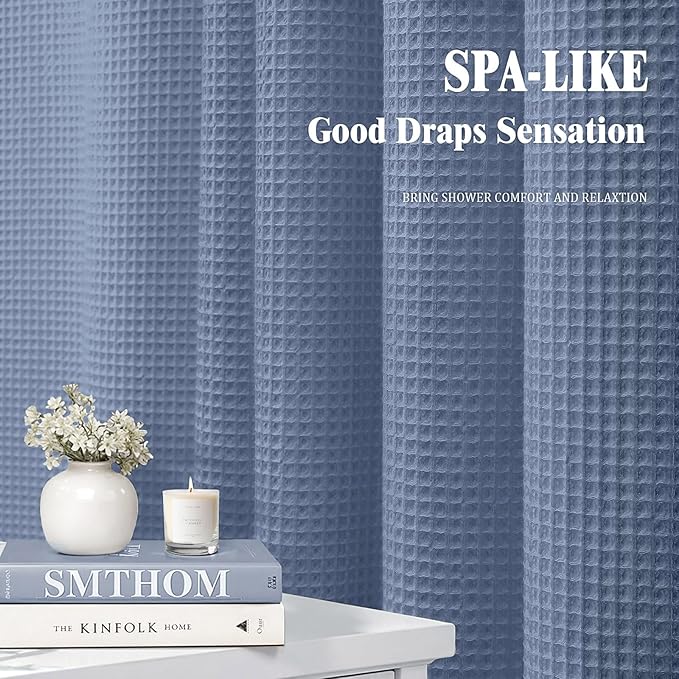 Waffle Weave Shower Curtain - Moonlight Blue Cotton Fabric Texture Heavyweight Shower Curtain for Bathroom,Washable,72Wx72L