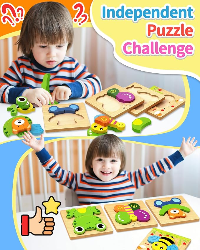 Bekayshad Wooden Puzzles for Toddlers 1-3, Montessori Toys for 1 2 Year Old | Toddler Puzzles, 1 2 Year Old Boy Girl Birthday Gifts, 4 Pack Animal Shape Jigsaw Puzzles, Learning Educational Preschool Toy