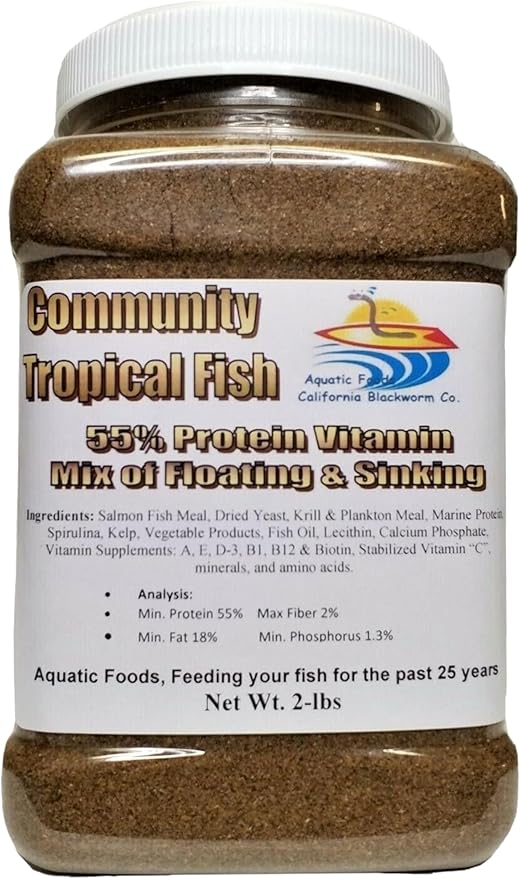 Aquatic Foods Inc. Community Tropical Fish Food, 55% Protein Vitamin Rich Floating/Slow Sinking Granulars for Tetras, Guppies, Cichlids, Live Bearers, Pond Fish All Tropical Fish - 2-lb Medium Jar