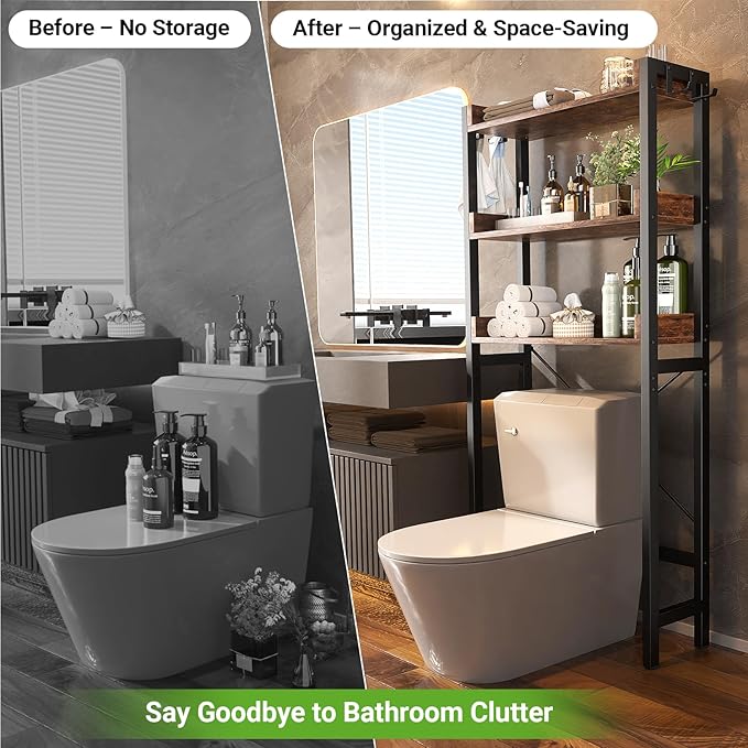 Over The Toilet Storage Rack - 3 Tier Bathroom Organizer with Shelves, Freestanding Space Saver Storage Rack Above Toilet Stand with 4 Hooks for Restroom, Laundry, Rustic Brown