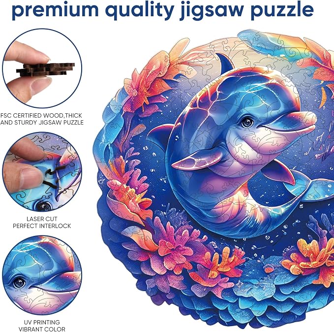 Qiuenisray Wooden Puzzles for Adults 500 Pieces, Dolphin Jigsaw Puzzles | FSC Certified Unique Ocean Adult Puzzles, Irregular Wood Puzzles, Creative Gift for Family Game 16.2x16.5 in