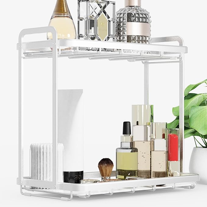 Counter Organizer for Bathroom, Kitchen or Coffee Bar, Metal Shelf with Faux Marble, Vanity Countertop Makeup Storage, Dresser Perfume Display Rack, Toilet Tank Tray (Matte Nickel, 2-Tier)