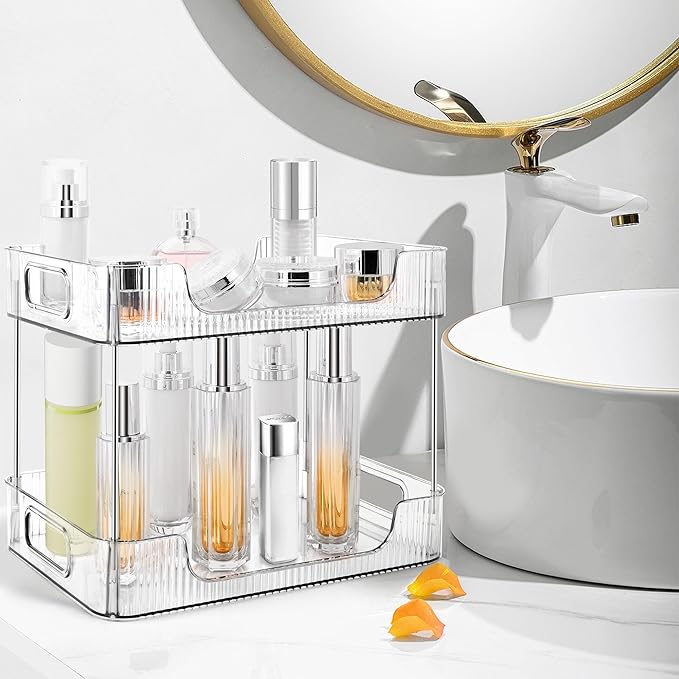 2-Tier Bathroom Counter Organizer Countertop Storage, Dresser Organizer Vanity Tray for Makeup, Perfume Organizer Cosmetics Skincare Shelf- Clear