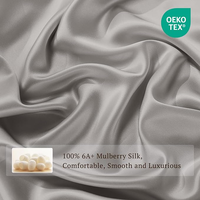 THXSILK 100% Pure Mulberry Silk Duvet Cover Set 3 Piece, 6A+ Grade Luxury Soft Bedding Silk Sheets for Hair and Skin, 1 Pcs Duvet/Quilt/Comforter Cover with 2 Zippered Pillowcases (Grey, Cal. King)