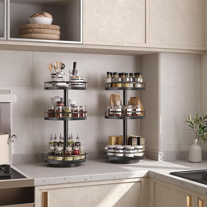 HOOBRO Lazy Susan Organizer, Rotating Spice Rack, 3-Tier Organizer, Turntable Spice Rack, Vertical Storage Organizer, for Kitchen Countertop, Vanity, Dining Table, Black BB09TL01