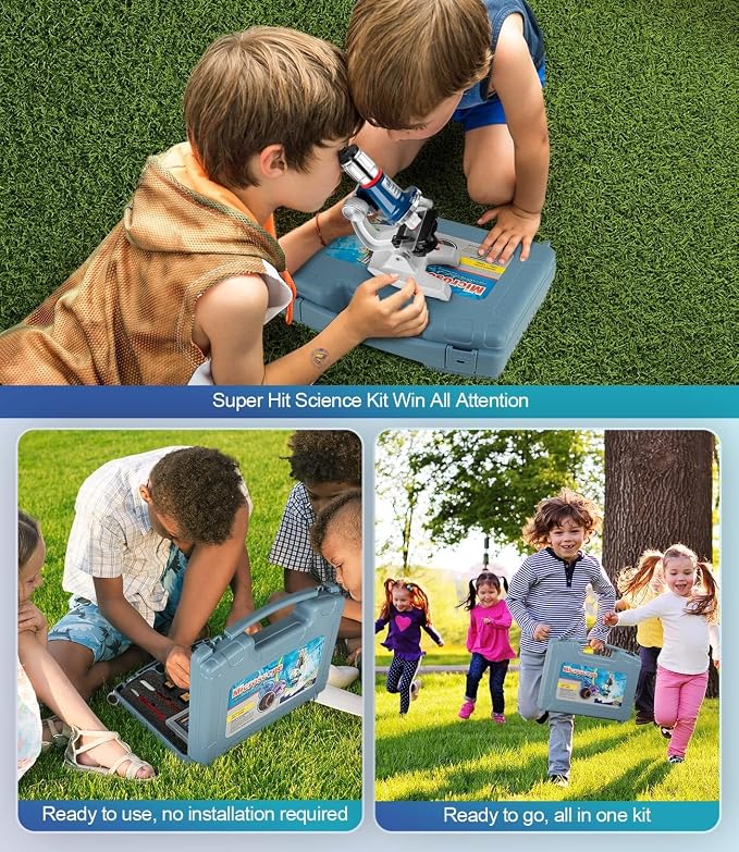 58-Piece Kids Microscope Kit - 100X-1200X Magnification, Metal Body, LED Light, Carrying Box - Science Experiment Toy for Kids Ages 5-12