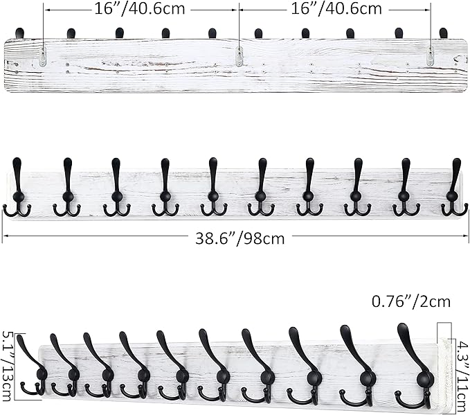 SKOLOO Rustic Large Wall Mounted Coat Rack-38.6'' Long Coat Rack for Wall, Pine Solid Wood Coat Rack Hook, Farmhouse Coat Hanger Wall Mount for Hanging Jacket Coat Hat, Pack of 2