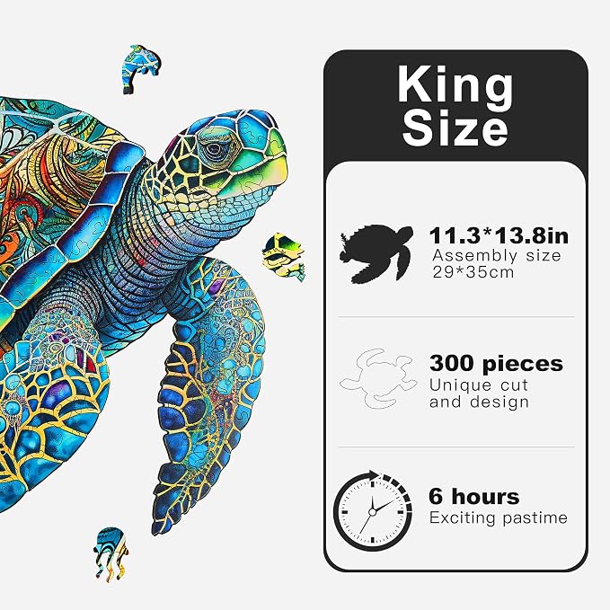 Mys Aurora Wooden Puzzles, Sea Turtle Jigsaw Puzzles 300 Pieces | 5MM Unique Shaped Wooden Puzzle for Adults and Kids, Family Game 11.3 x 13.8 Inch