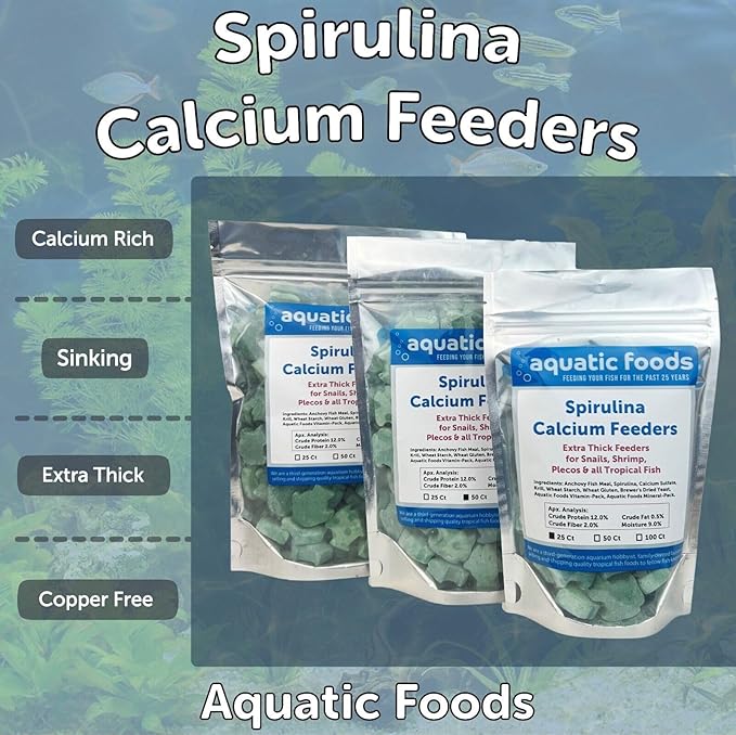 Aquatic Foods Inc. Spirulina Enriched Calcium Feeders for Shrimp, Snails, Crabs, Crayfish, Pleco, Catfish, All Tropical Fish…100 Count Bag