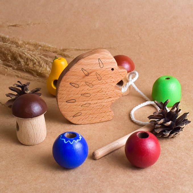 Wooden Lacing Toy Hedgehog, Montessori Baby Materials Educational Learning for Kids, Children Early Development, Unique Handmade First Birthday Gift for Boys and Girls
