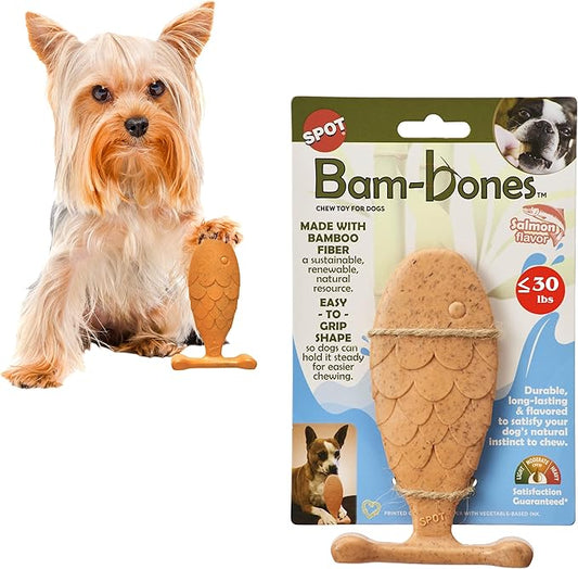 SPOT Bam-Bones Fish - Made with Strong Bamboo Fiber, Durable Long Lasting Dog Bone for Light to Moderate Chewers, Great Chew Toy for Adult Dogs & Teething Puppies Under 30lbs, 5.5in, Salmon Flavor