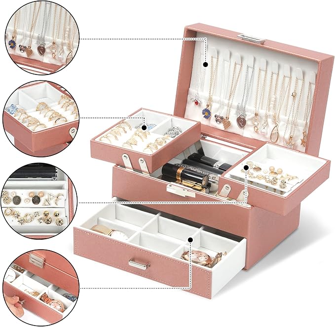 Dajasan Jewelry Organizer Box, Jewelry Box Organizer for Women Girls, 3 Layers Large Jewelry Storage Case for Earring, Rings, Necklaces Bracelets, Watch (Rose Gold)