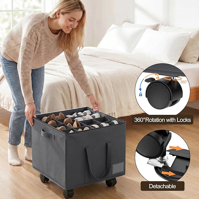 2 Pack Large Shoe Organizer for Closet, Adjustable Dividers Shoe Storage Box Bins with Wheels Clear Cover Reinforced Handle Side Pocket Fits up to 32 Pairs, Foldable Shoe Organizer for Entryway Grey