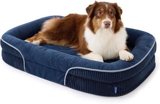Bedsure L Plus Orthopedic Dog Beds Large Sized Dog - 360° Oval Bolster Large Dogs Bed for Senior Dogs with Waterproof Washable Cover, Big Comfort Pet Sofa Couch with Ultra-Soft Fleece, Navy Blue, 38"
