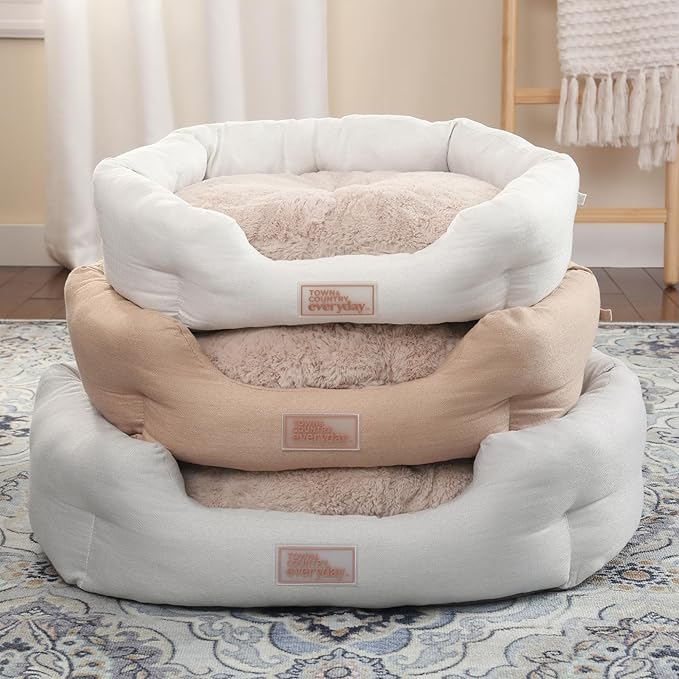 TOWN & COUNTRY EVERYDAY CuddleTown Faux Linen Comfy Cozy Cuddler Pet Bed, Supportive & Calming Egg Crate Foam, Non-Slip Bottom, Machine Washable Cover, Beige, Medium 28"x26"x8"