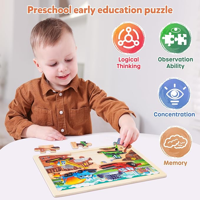 SYNARRY Large Wooden Construction Vehicle Puzzles for Kids Ages 4-6 | Monster Truck Puzzles for Kids Ages 3-5, Birthday Gifts for Boys & Girls, Educational Construction Toys, Screen-Free Play