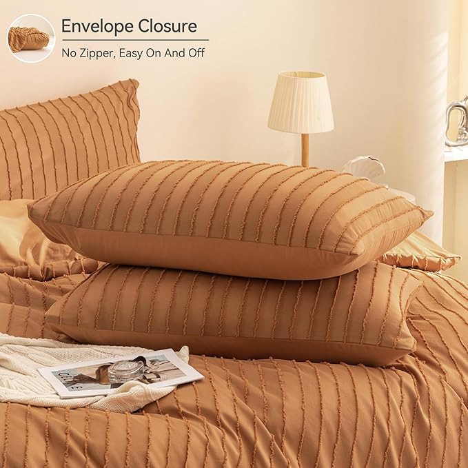 JELLYMONI Duvet Cover Full Size Rust - 3PCS Boho Striped Duvet Cover Set Polyester Tufted Bohemian Textured Comforter Cover 80×90in with Corner Ties & Zipper and 2 Pillowcases