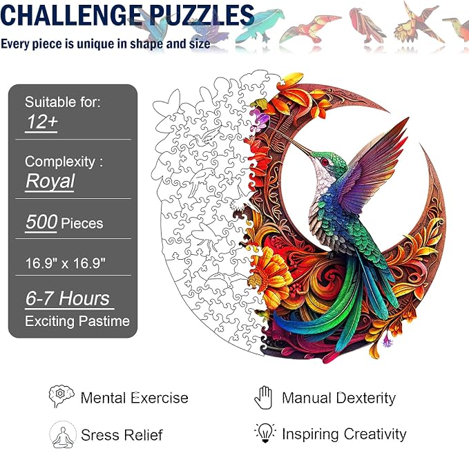 Unique Wooden Puzzles for Adults, Hummingbird Puzzle 500 Pieces 16.9" x 16.9", Animal Shaped Wood Puzzles Adult, Wooden Jigsaw Puzzles for Adults, Family Games for Kids and Adults