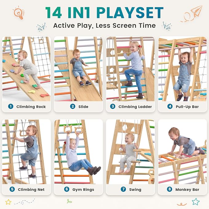Upgraded Indoor Jungle Gym 14-in-1 Playground Kids Climbing Toys | Waldorf Style Wooden Climber Playset with Slide, Swing, Monkey Bars, Upright/Rope Ladder, Climb Net, Colorful