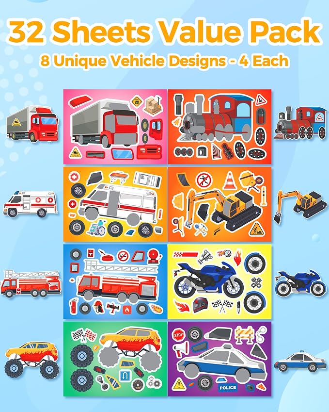 Aowplc 32 Make Your Own Vehicle Sticker Sheets for Kids | Transportation Stickers for Party Favors & Craft Activities