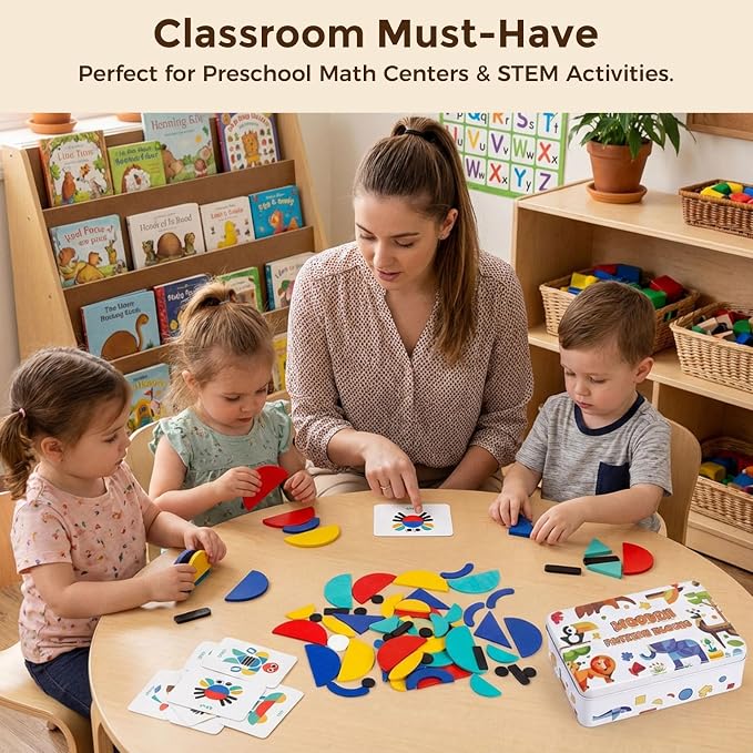 LovesTown Wooden Pattern Blocks Montessori Toys for Toddler Kids Open Ended Shape Puzzles Educational Tangram Preschool Learning Toy with 60 Cards 36 PCS (Pack of 2)