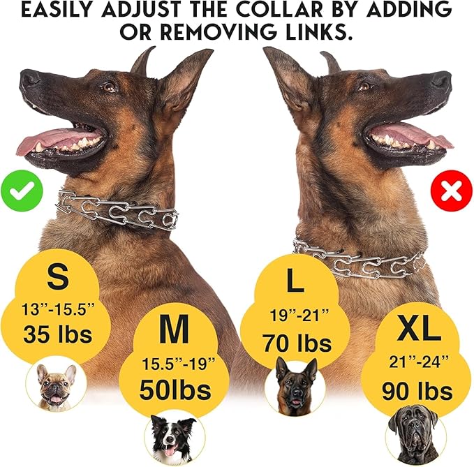 PetJett Choke Collar for Dogs Training Collar Adjustable Prong Collar for Dog Quick Release Pinch Collar for Dog for Small Medium Large Dogs No Pull Walking Tool - Stainless Steel Metal Choker Chain