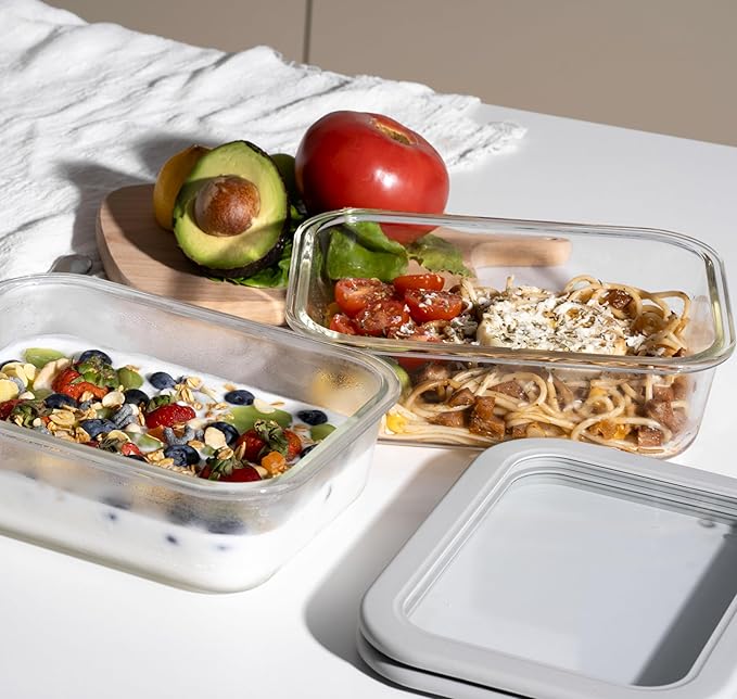 Glass Food Containers with Glass Lid, Microwave Safe Food Storage Container Set, 2 Pack of 50oz, Large Size Airtight Storage Set with Leak Proof Lids, Meal Prep Containers