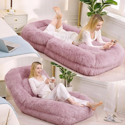 Adjustable 5-Position Human Dog Bed for People, Big Comfy Plush Floor Gaming Lazy Sofa Chair with Pillows & Back Support, Foldable Lounge Loveseat Couch for Living Room Bedroom (Pink)