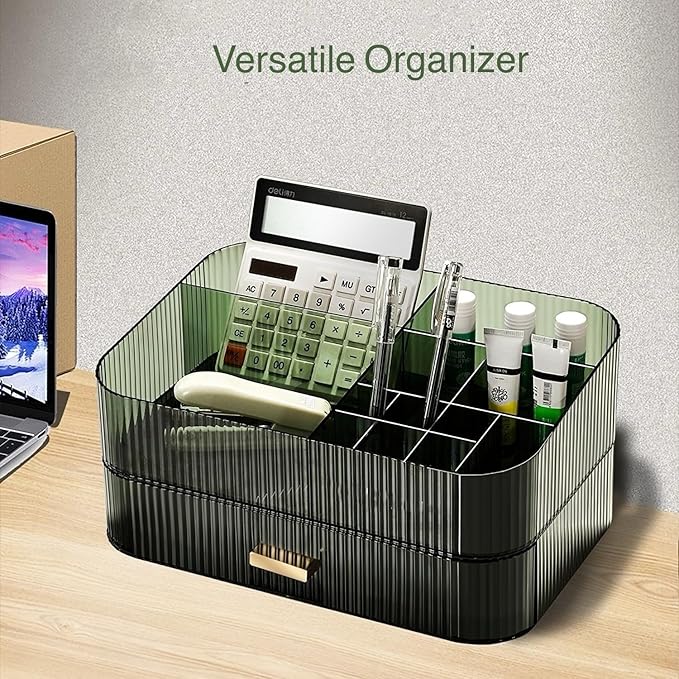 Makeup Organizer for Vanity, Large Desk Organizer with Stackable Drawer for Cosmetics, Skincare, Lipsticks, Eyeshadow Palette, Nail Care, Ideal Storage for Dresser and Bathroom Countertop-Green