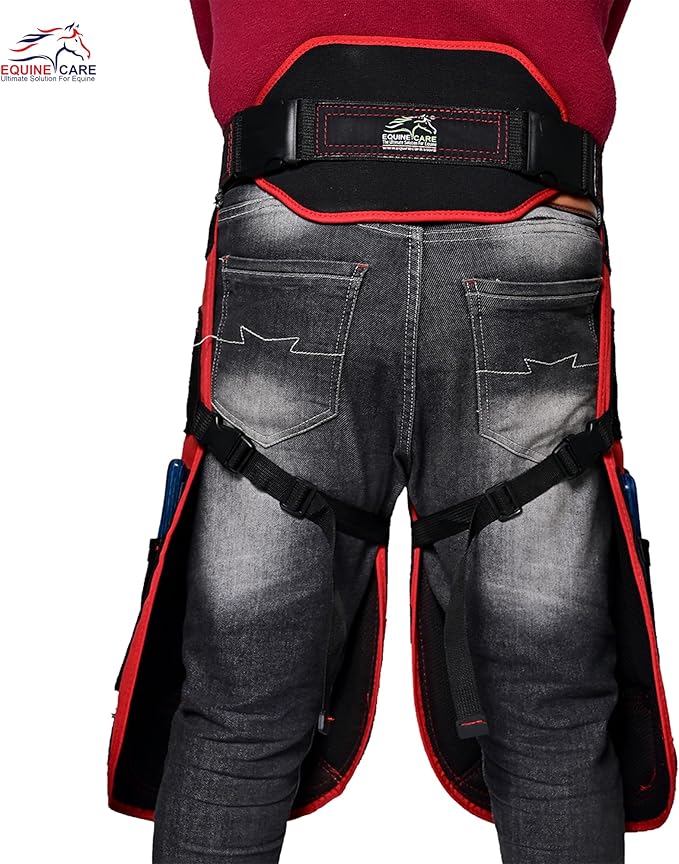 Equine Care Farrier Apron Chaps 2mm Cowhide Leather, 500 GSM Canvas, Air-Mesh, 25" Length, Adjustable Waist (28"-52"), Ergonomic Foam-Padded Thigh & Back Support, 4 Knife Pockets, 2 Nail Magnets.