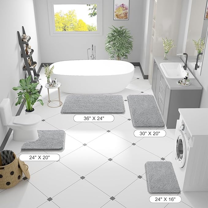 OLANLY Bathroom Rugs 40x24, Extra Soft Absorbent Chenille Bath Rugs, Rubber Backing Quick Dry, Machine Washable Bath Mats for Bathroom Floor, Tub and Shower, Home Decor Accessories, Light Grey